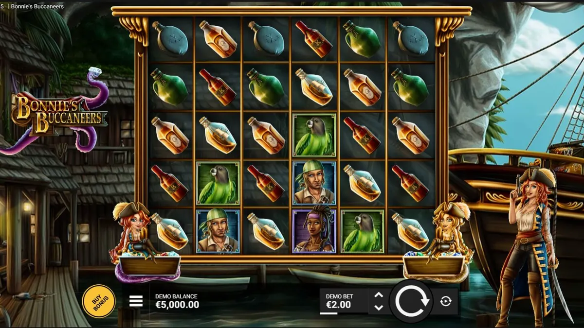 Tampilan visual slot Bonnie’s Buccaneers dengan tema bajak laut dan peti harta karun.