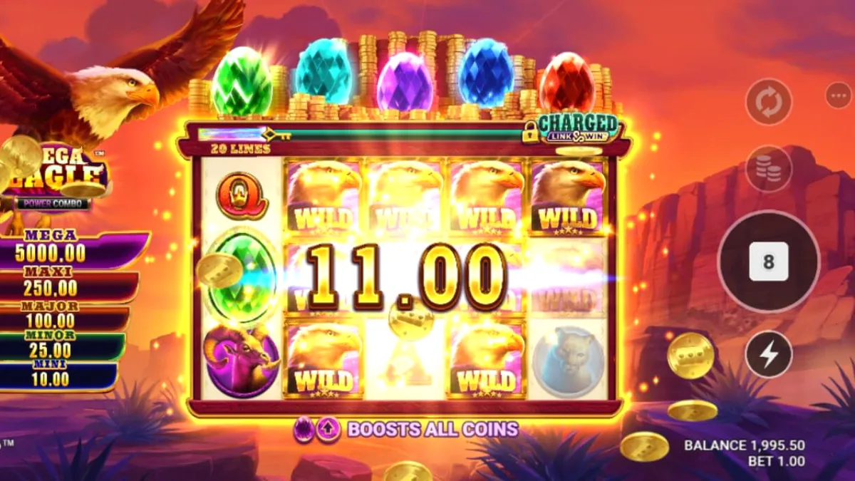 Pemandangan pegunungan dan simbol elang dalam slot Mega Eagle Power Combo